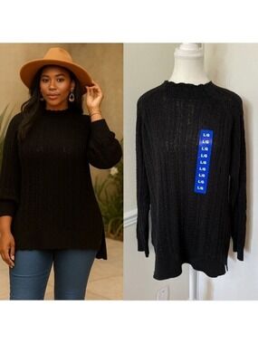 🐈NWT bleu:gray Cable Knit Lightweight Black Sweater L
